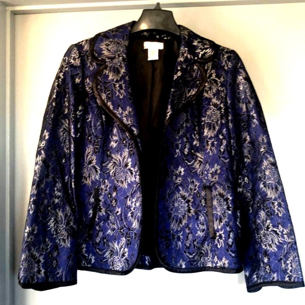 Laura Ashley Petite sz Large Women's Blue Lined Floral Metallic Blazer Jacket